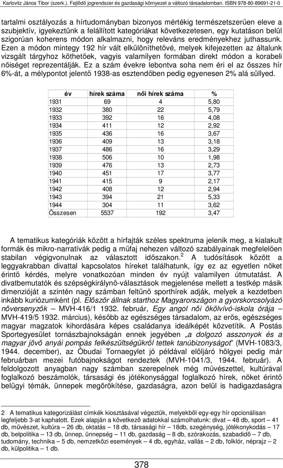 Ezen a módon mintegy 192 hír vált elkülöníthetővé, melyek kifejezetten az általunk vizsgált tárgyhoz köthetőek, vagyis valamilyen formában direkt módon a korabeli nőiséget reprezentálják.