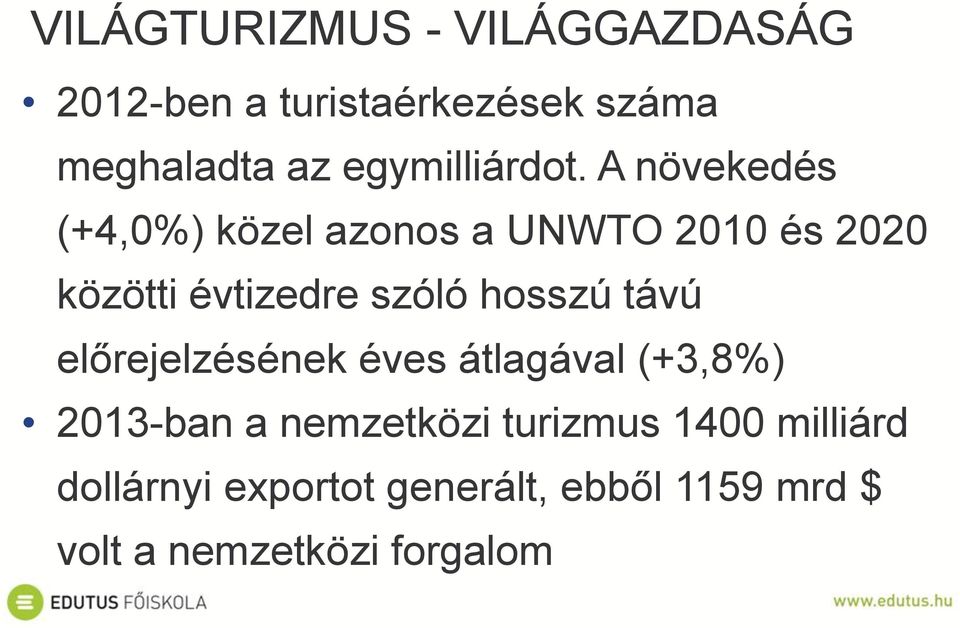 A növekedés (+4,0%) közel azonos a UNWTO 2010 és 2020 közötti évtizedre szóló hosszú