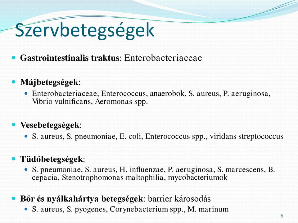 , viridans streptococcus Tüdőbetegségek: S. pneumoniae, S. aureus, H. influenzae, P. aeruginosa, S. marcescens, B.