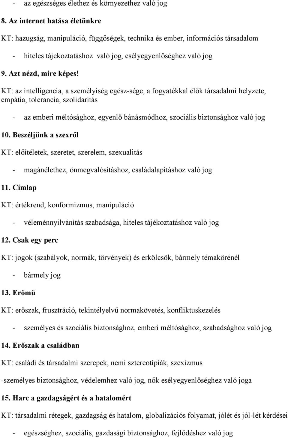 KT: az intelligencia, a személyiség egész-sége, a fogyatékkal élők társadalmi helyzete, empátia, tolerancia, szolidaritás - az emberi méltósághoz, egyenlő bánásmódhoz, szociális biztonsághoz való jog