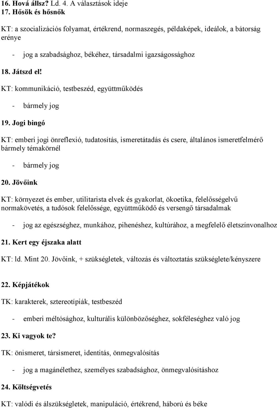 KT: kommunikáció, testbeszéd, együttműködés - bármely jog 19. Jogi bingó KT: emberi jogi önreflexió, tudatosítás, ismeretátadás és csere, általános ismeretfelmérő bármely témakörnél - bármely jog 20.