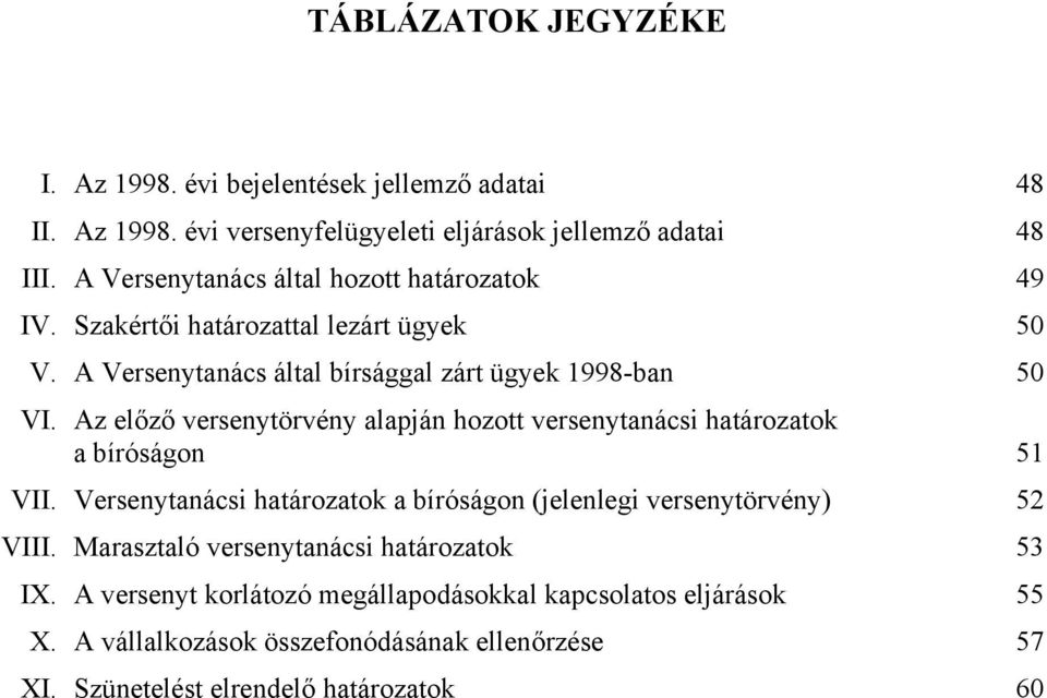 Az előző versenytörvény alapján hozott versenytanácsi határozatok a bíróságon 51 VII. Versenytanácsi határozatok a bíróságon (jelenlegi versenytörvény) 52 VIII.