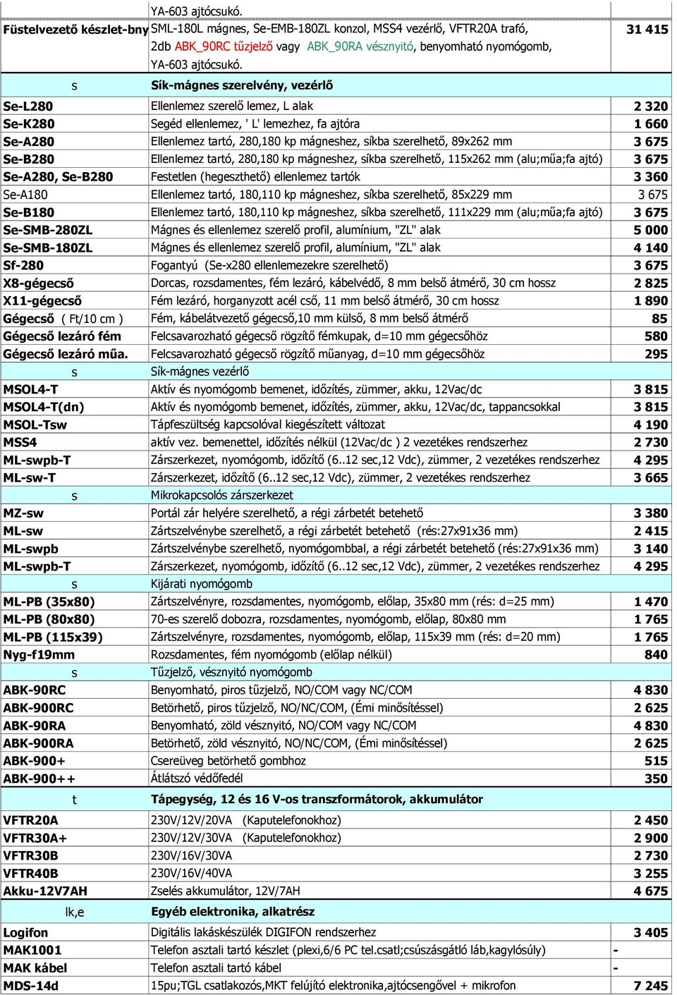 89x262 mm 3 675 Se-B280 Ellenlemez tartó, 280,180 kp mágnehez, íkba zerelhető, 115x262 mm (alu;műa;fa ajtó) 3 675 Se-A280, Se-B280 Fetetlen (hegezthető) ellenlemez tartók 3 360 Se-A180 Ellenlemez