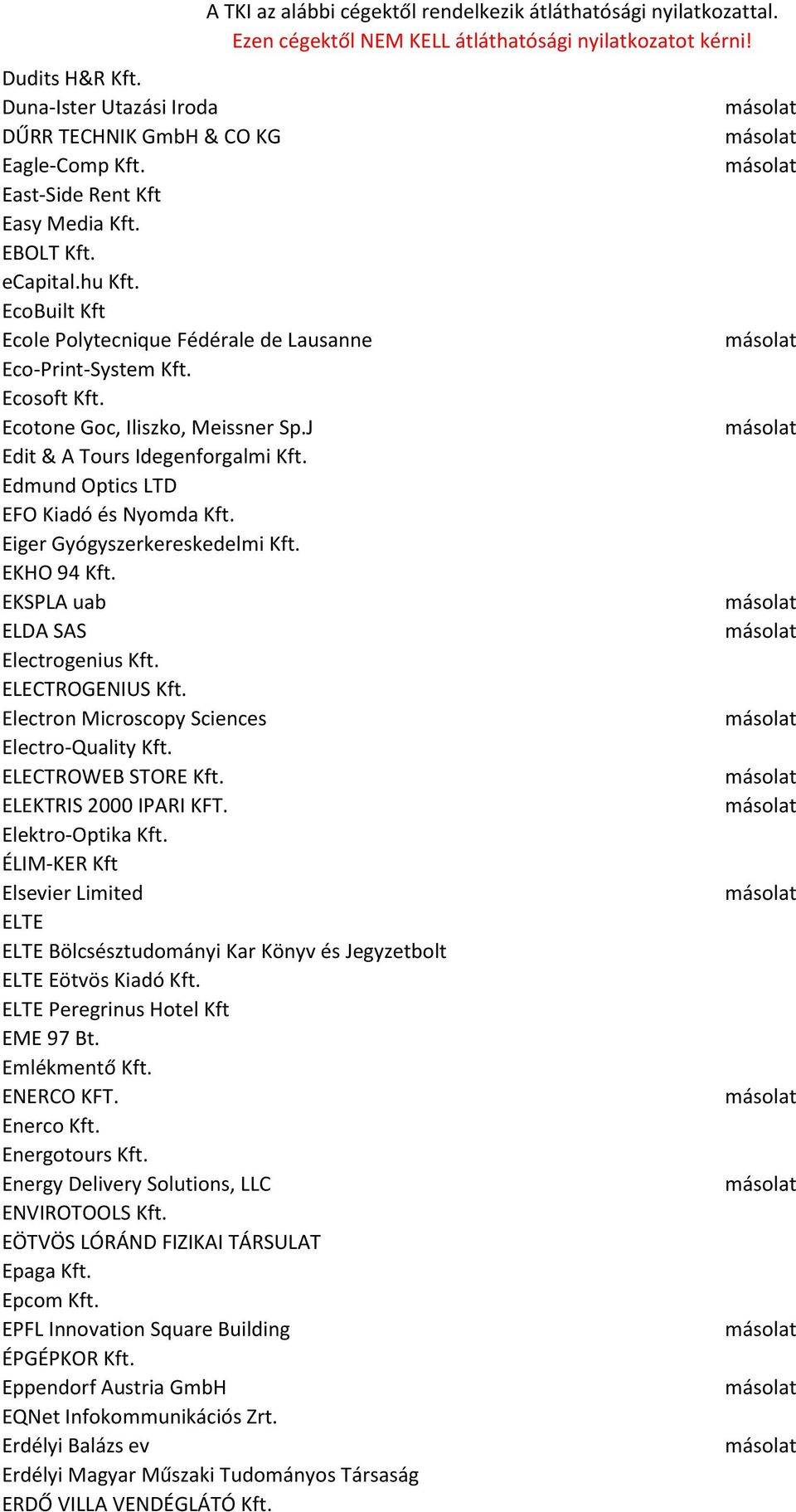 Edmund Optics LTD EFO Kiadó és Nyomda Kft. Eiger Gyógyszerkereskedelmi Kft. EKHO 94 Kft. EKSPLA uab ELDA SAS Electrogenius Kft. ELECTROGENIUS Kft. Electron Microscopy Sciences Electro-Quality Kft.