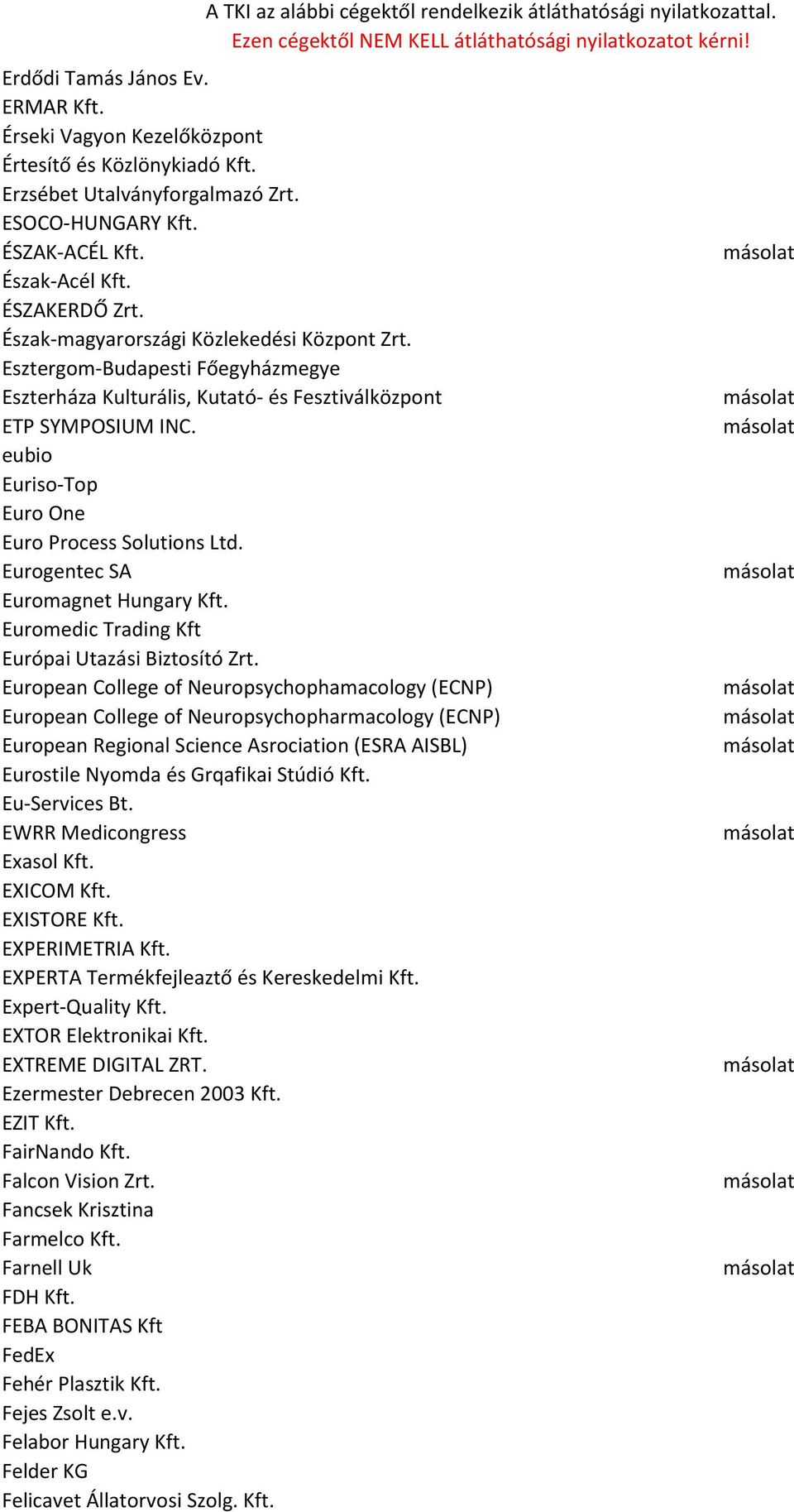 eubio Euriso-Top Euro One Euro Process Solutions Ltd. Eurogentec SA Euromagnet Hungary Kft. Euromedic Trading Kft Európai Utazási Biztosító Zrt.