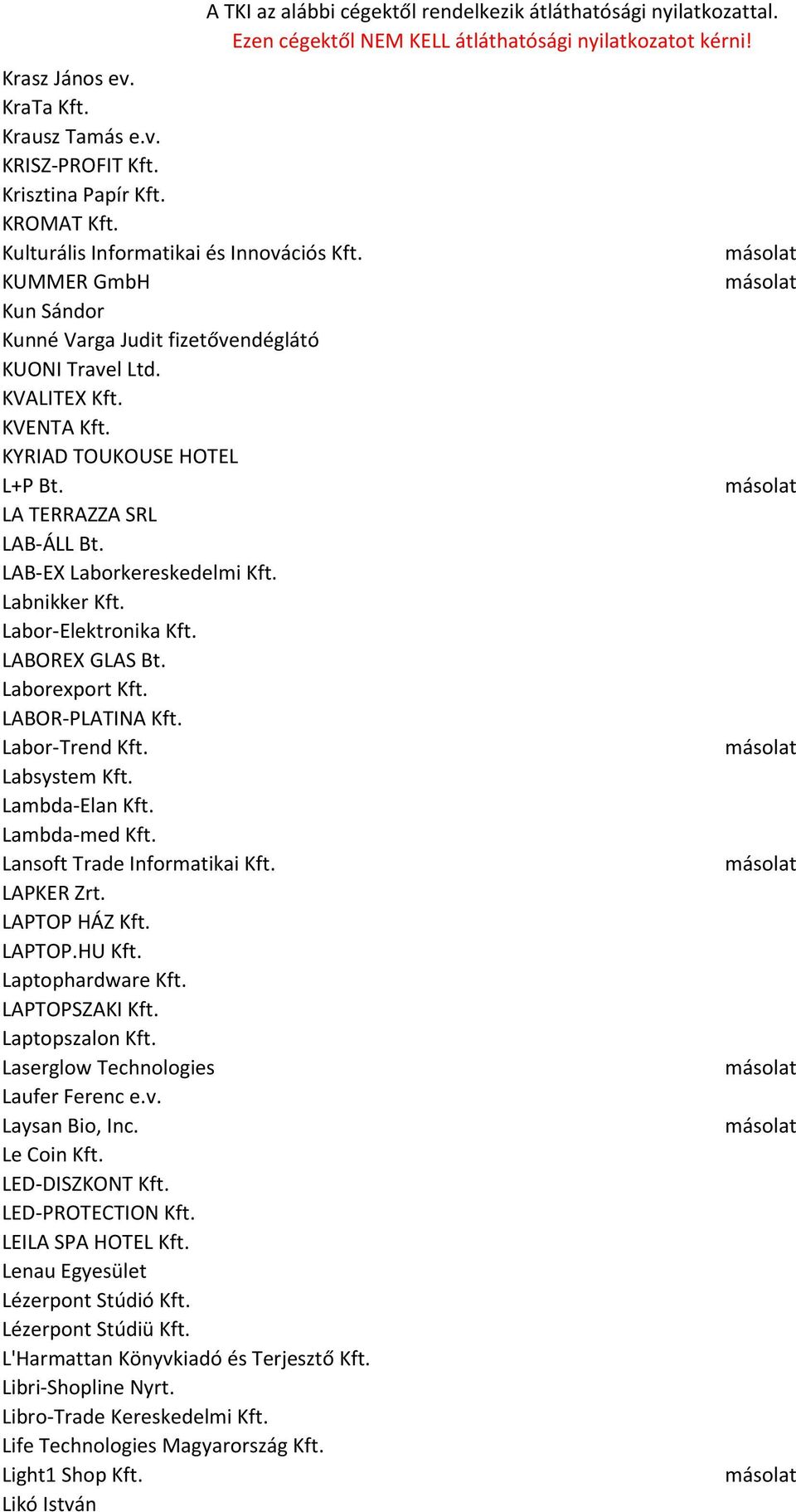 Labnikker Kft. Labor-Elektronika Kft. LABOREX GLAS Bt. Laborexport Kft. LABOR-PLATINA Kft. Labor-Trend Kft. Labsystem Kft. Lambda-Elan Kft. Lambda-med Kft. Lansoft Trade Informatikai Kft. LAPKER Zrt.