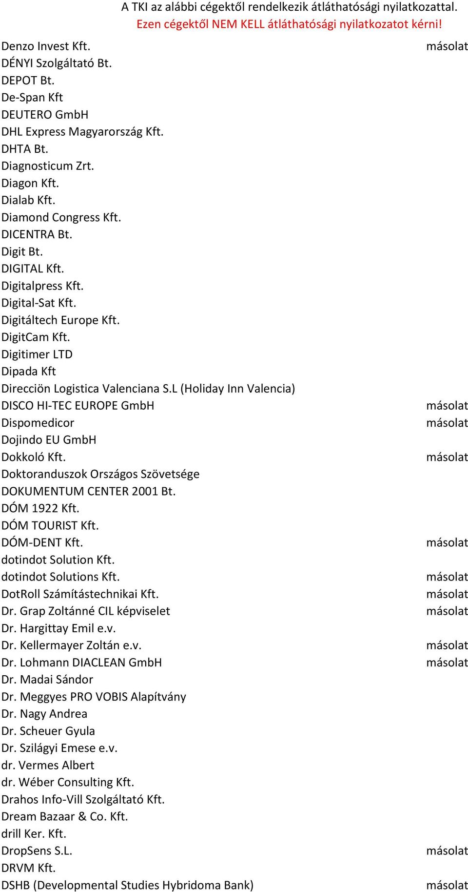 L (Holiday Inn Valencia) DISCO HI-TEC EUROPE GmbH Dispomedicor Dojindo EU GmbH Dokkoló Kft. Doktoranduszok Országos Szövetsége DOKUMENTUM CENTER 2001 Bt. DÓM 1922 Kft. DÓM TOURIST Kft. DÓM-DENT Kft.