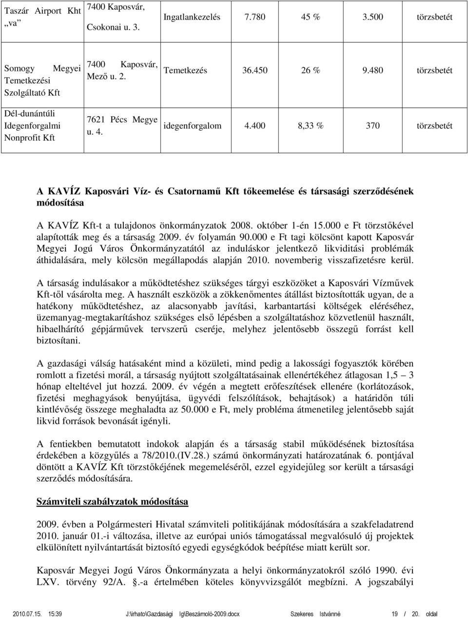 400 8,33 % 370 törzsbetét A KAVÍZ Kaposvári Víz- és Csatornamű Kft tőkeemelése és társasági szerződésének módosítása A KAVÍZ Kft-t a tulajdonos önkormányzatok 2008. október 1-én 15.