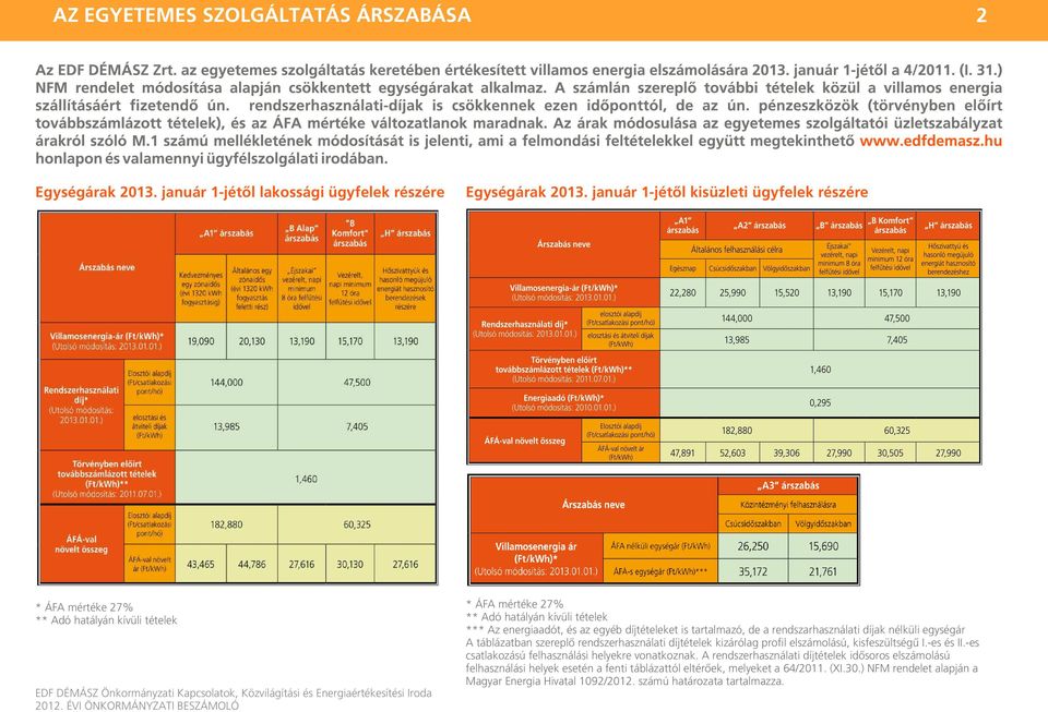 tartalmazó, de a rendszarhasználati díjak nélküli egységár A táblázatban szereplõ rendszerhasználati díjtételek kizárólag profil elszámolású, kisfeszültségû I.-es és II.