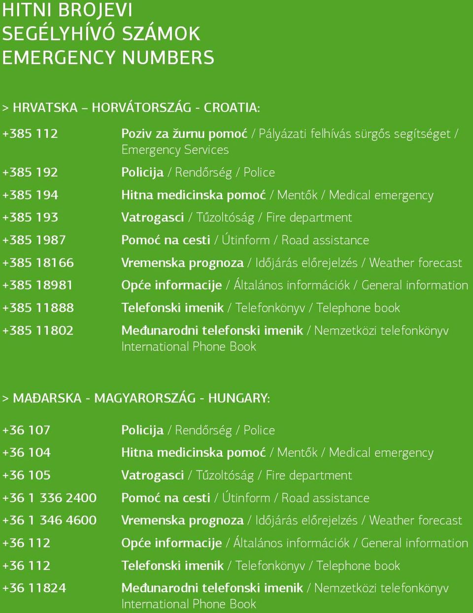 Vremenska prognoza / Időjárás előrejelzés / Weather forecast +385 18981 Opće informacije / Általános információk / General information +385 11888 Telefonski imenik / Telefonkönyv / Telephone book