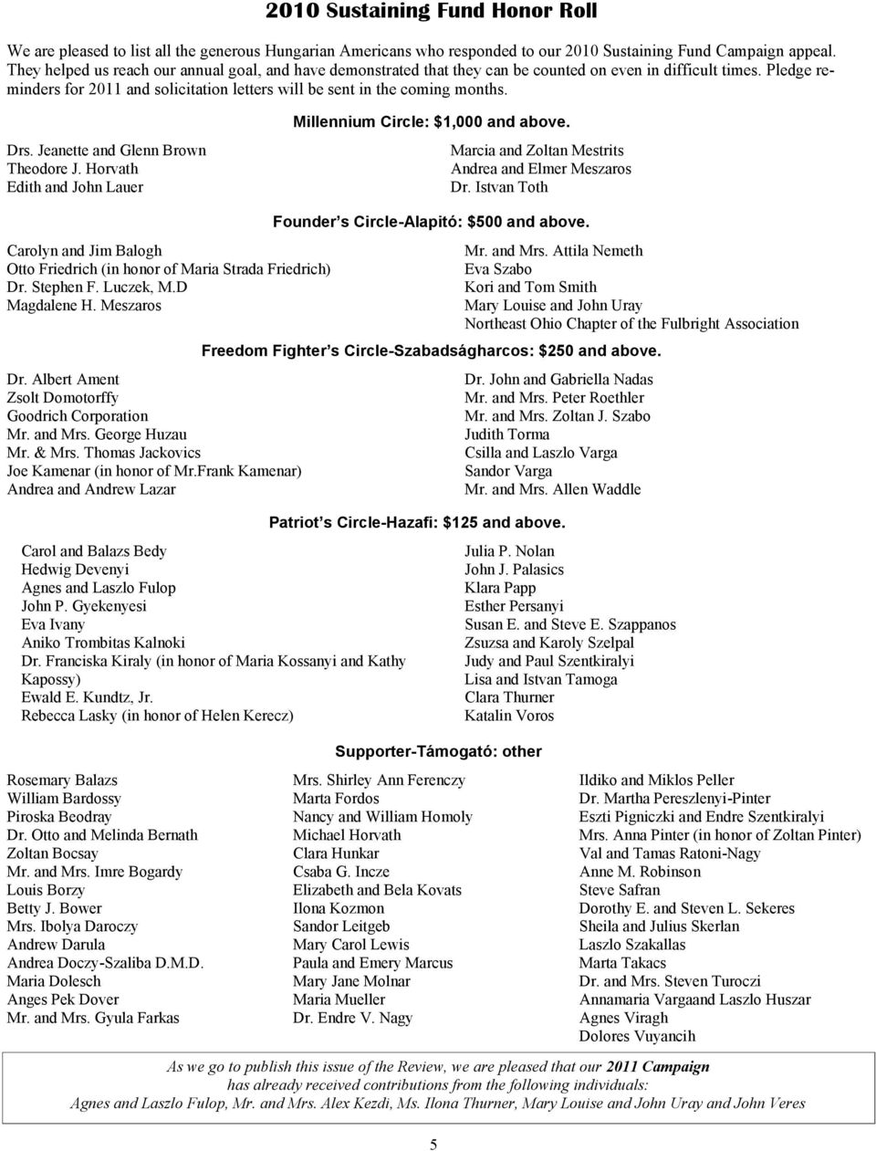 Drs. Jeanette and Glenn Brown Theodore J. Horvath Edith and John Lauer Millennium Circle: $1,000 and above. Marcia and Zoltan Mestrits Andrea and Elmer Meszaros Dr.