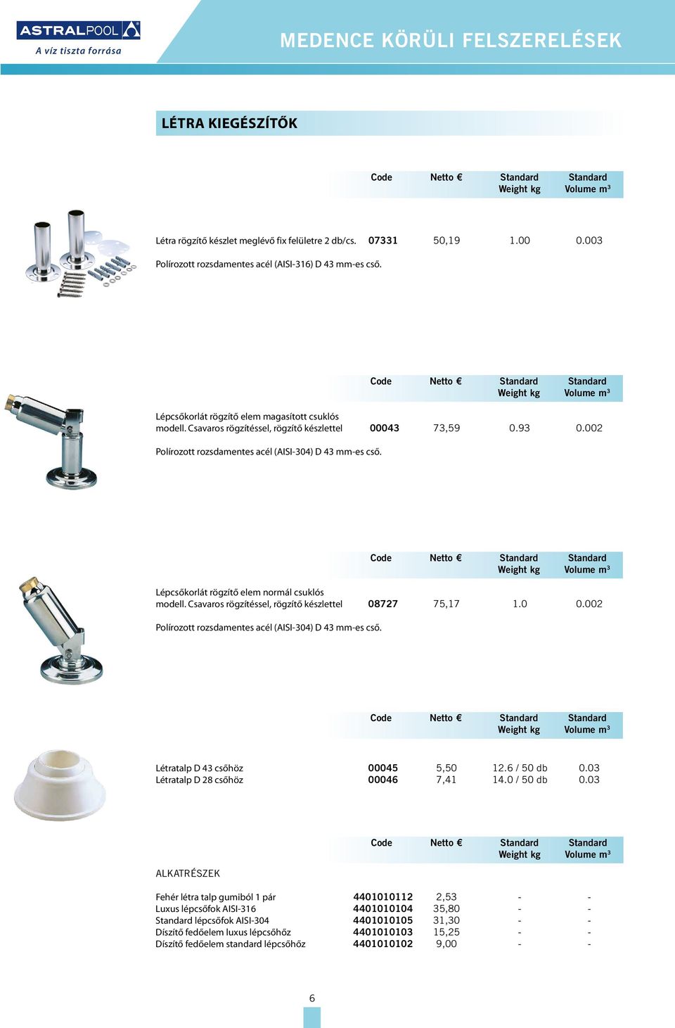 Lépcsőkorlát rögzítő elem normál csuklós modell. Csavaros rögzítéssel, rögzítő készlettel 08727 75,17 1.0 0.002 Polírozott rozsdamentes acél (AISI-304) D 43 mm-es cső.