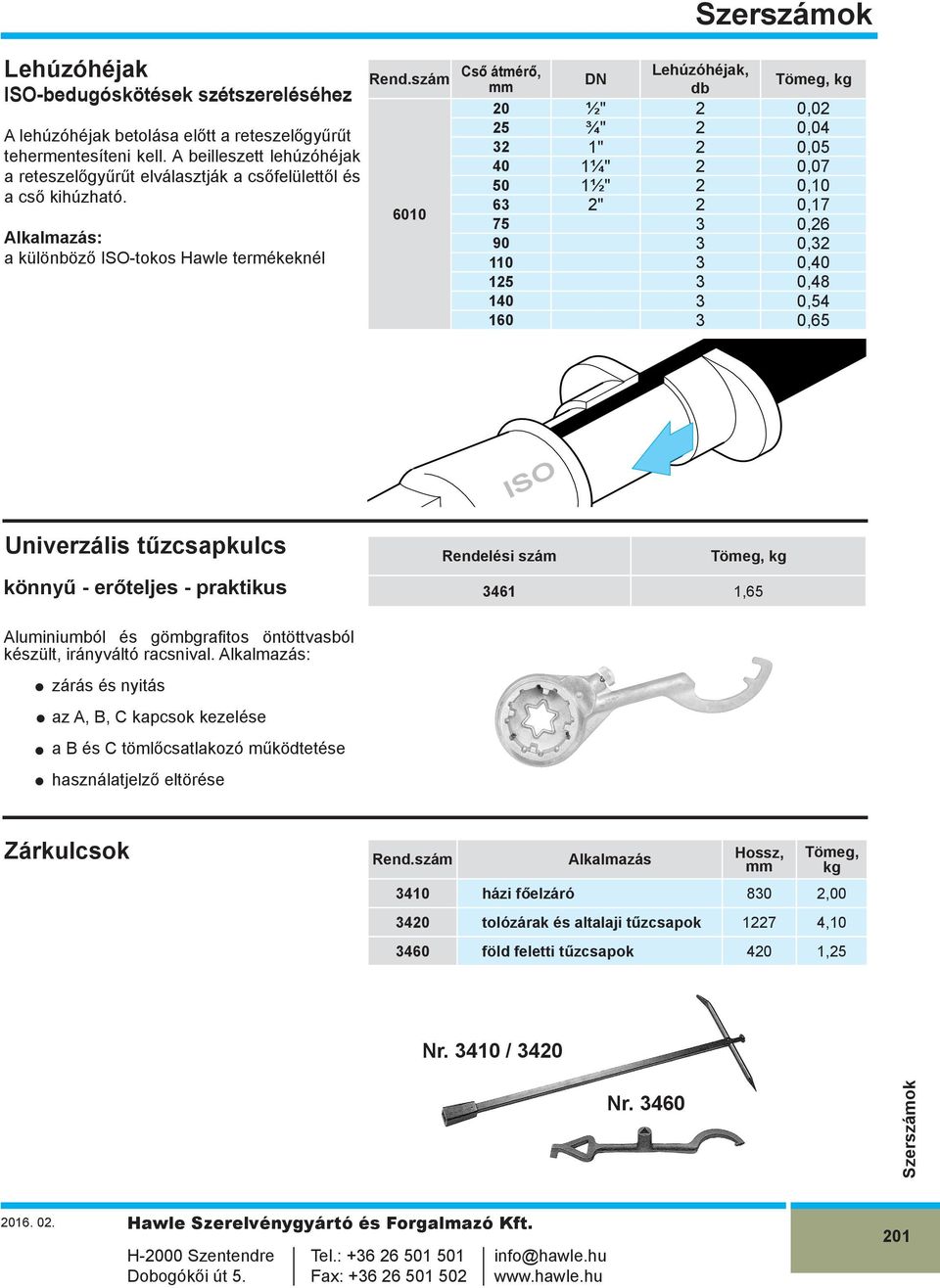 szám 6010 Cső átmérő, Lehúzóhéjak, mm DN db Tömeg, kg 20 ½" 2 0,02 25 ¾" 2 0,04 32 1" 2 0,05 40 1¼" 2 0,07 50 1½" 2 0,10 63 2" 2 0,17 75 3 0,26 90 3 0,32 110 3 0,40 125 3 0,48 140 3 0,54 160 3 0,65