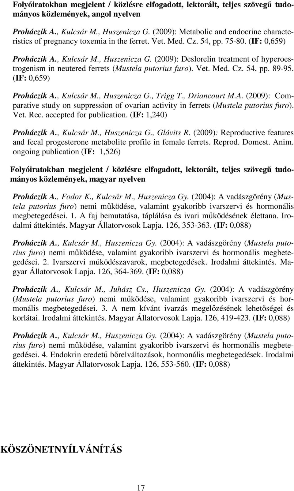 (2009): Deslorelin treatment of hyperoestrogenism in neutered ferrets (Mustela putorius furo). Vet. Med. Cz. 54, pp. 89-95. (IF: 0,659) Proháczik A., Kulcsár M., Huszenicza G., Trigg T., Driancourt M.