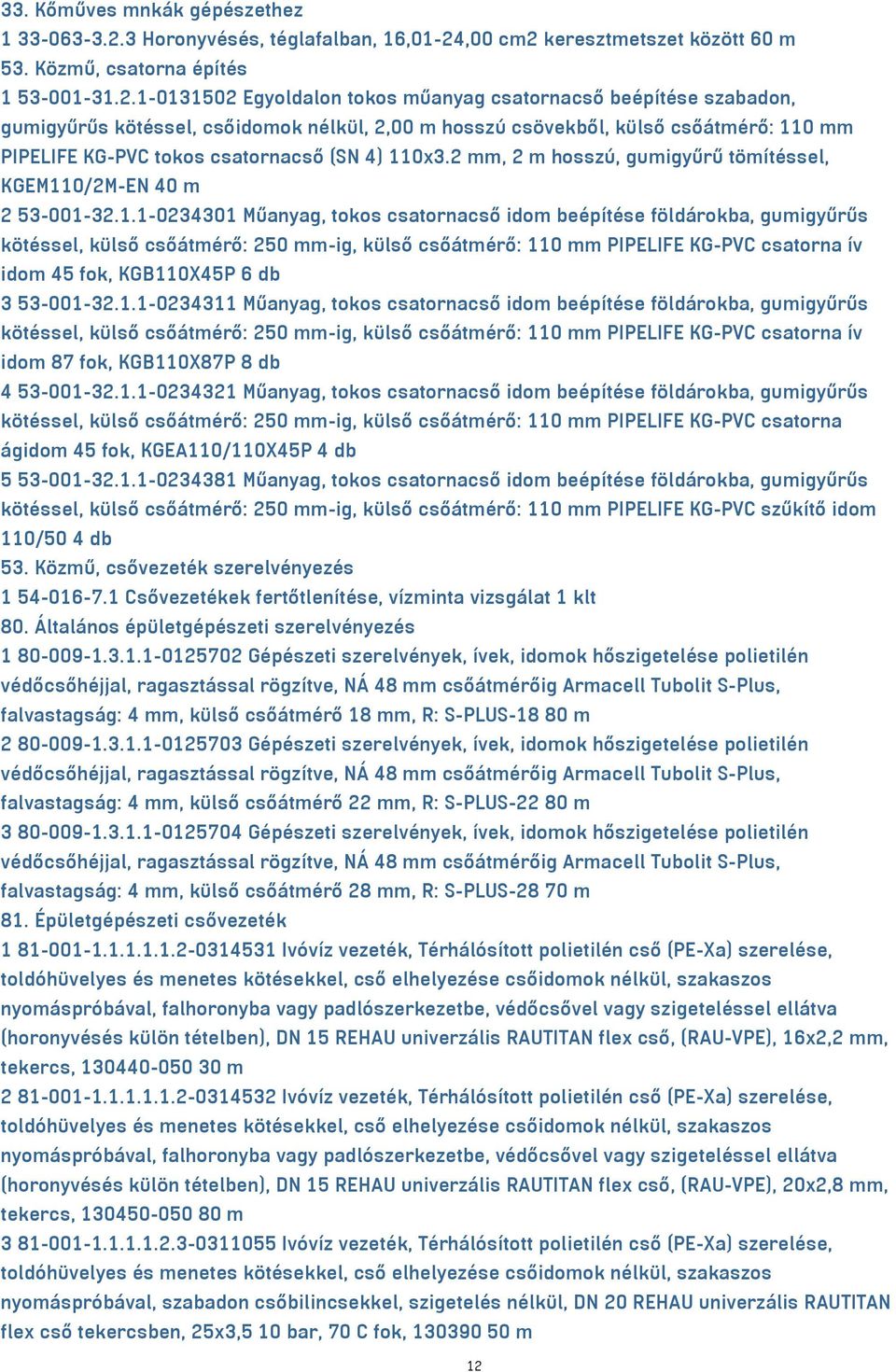 ,00 cm² keresztmetszet között 60 m 53. Közmű, csatorna építés 1 53-001-31.2.