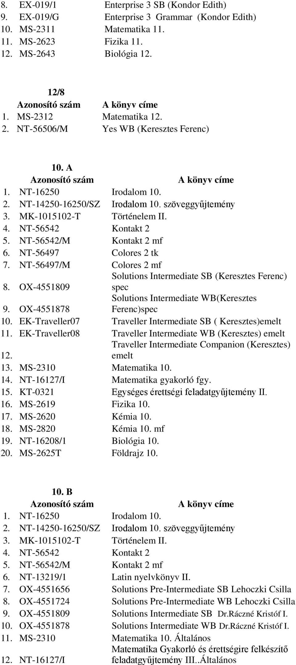 NT-56497/M Colores 2 mf Solutions Intermediate SB (Keresztes Ferenc) 8. OX-4551809 spec Solutions Intermediate WB(Keresztes 9. OX-4551878 Ferenc)spec 10.