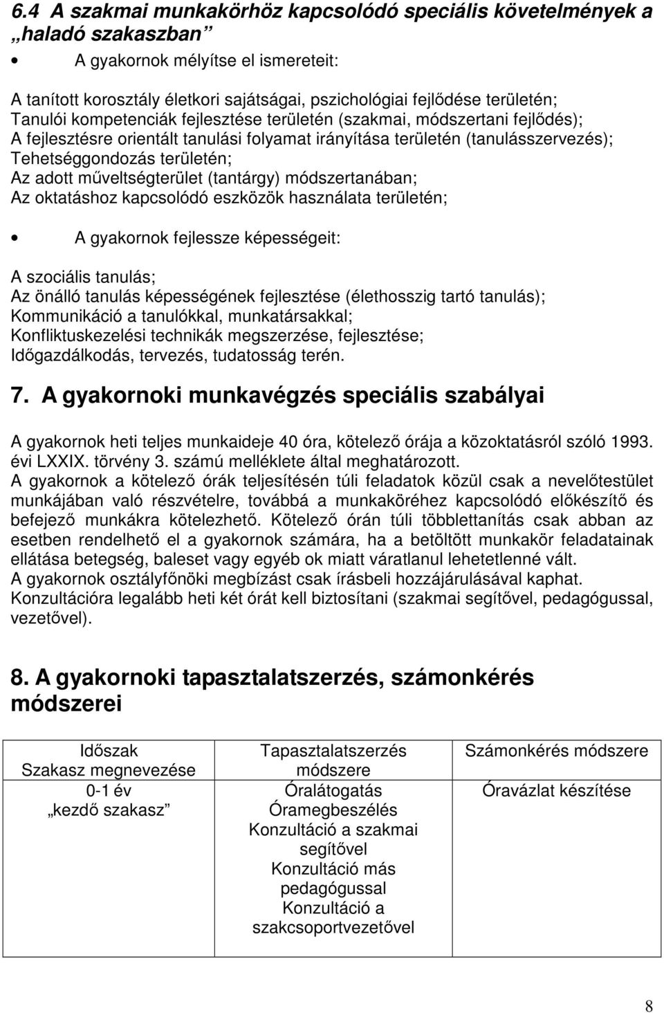 mőveltségterület (tantárgy) módszertanában; Az oktatáshoz kapcsolódó eszközök használata területén; A gyakornok fejlessze képességeit: A szociális tanulás; Az önálló tanulás képességének fejlesztése