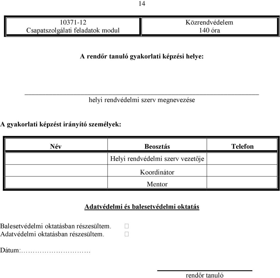 Beosztás Telefon Helyi rendvédelmi szerv vezetője Koordinátor Mentor Adatvédelmi és balesetvédelmi