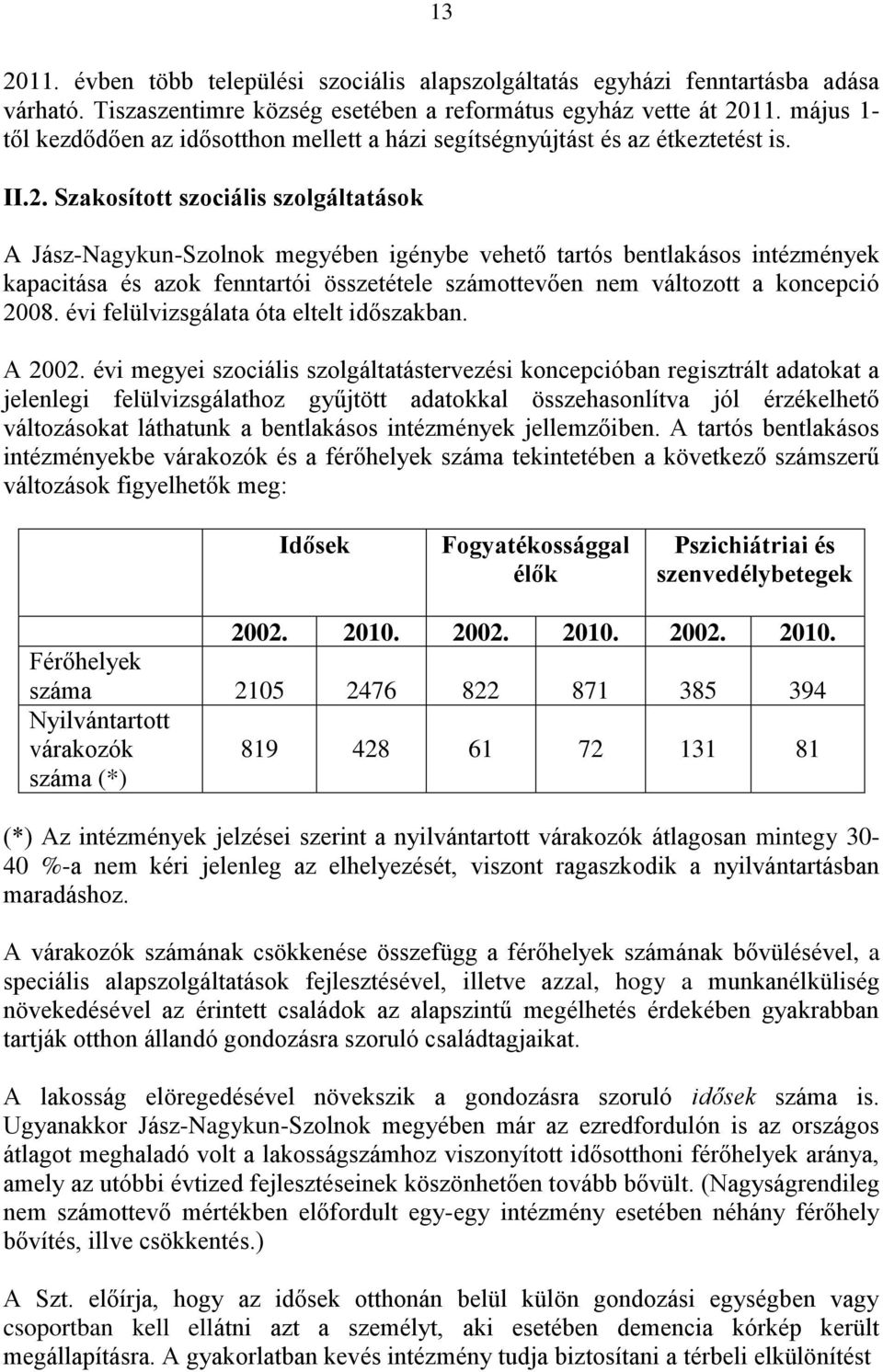 Szakosított szociális szolgáltatások A Jász-Nagykun-Szolnok megyében igénybe vehető tartós bentlakásos intézmények kapacitása és azok fenntartói összetétele számottevően nem változott a koncepció