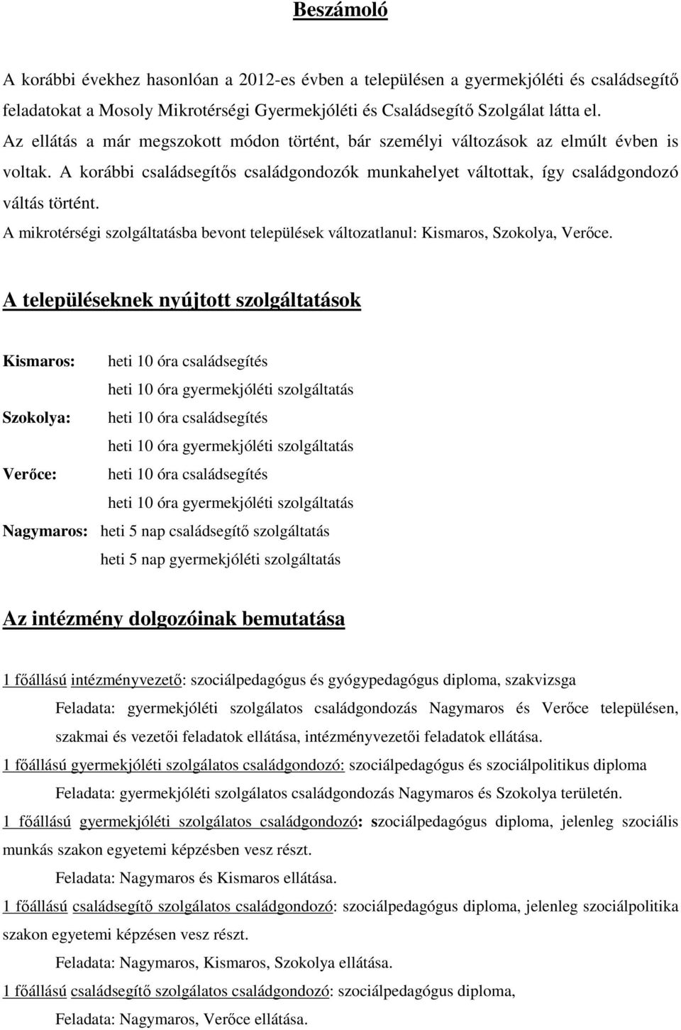 A mikrotérségi szolgáltatásba bevont települések változatlanul: Kismaros, Szokolya, Verőce.