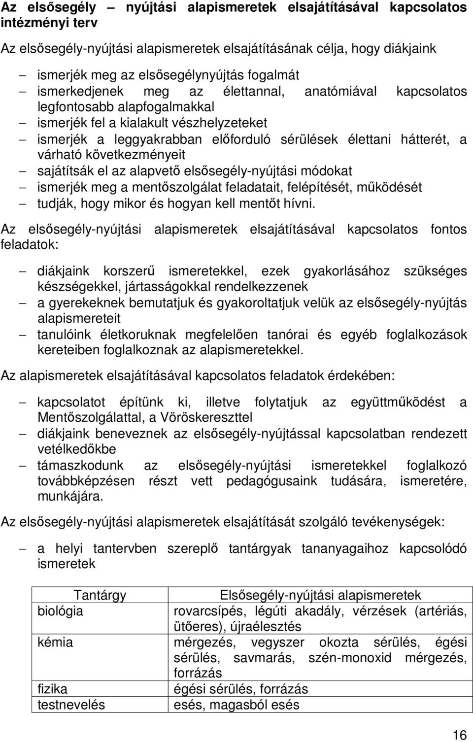 várható következményeit sajátítsák el az alapvetı elsısegély-nyújtási módokat ismerjék meg a mentıszolgálat feladatait, felépítését, mőködését tudják, hogy mikor és hogyan kell mentıt hívni.