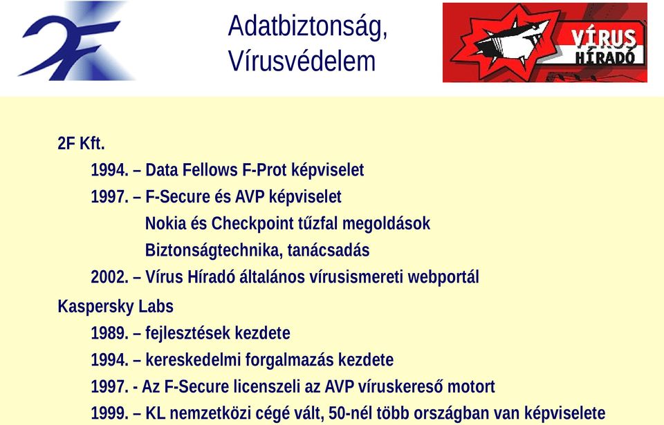 Vírus Híradó általános vírusismereti webportál 2002. Vírus Híradó általános vírusismereti webportál Kaspersky Labs Kaspersky Labs 1989. fejlesztések kezdete 1989. fejlesztések kezdete 1994.