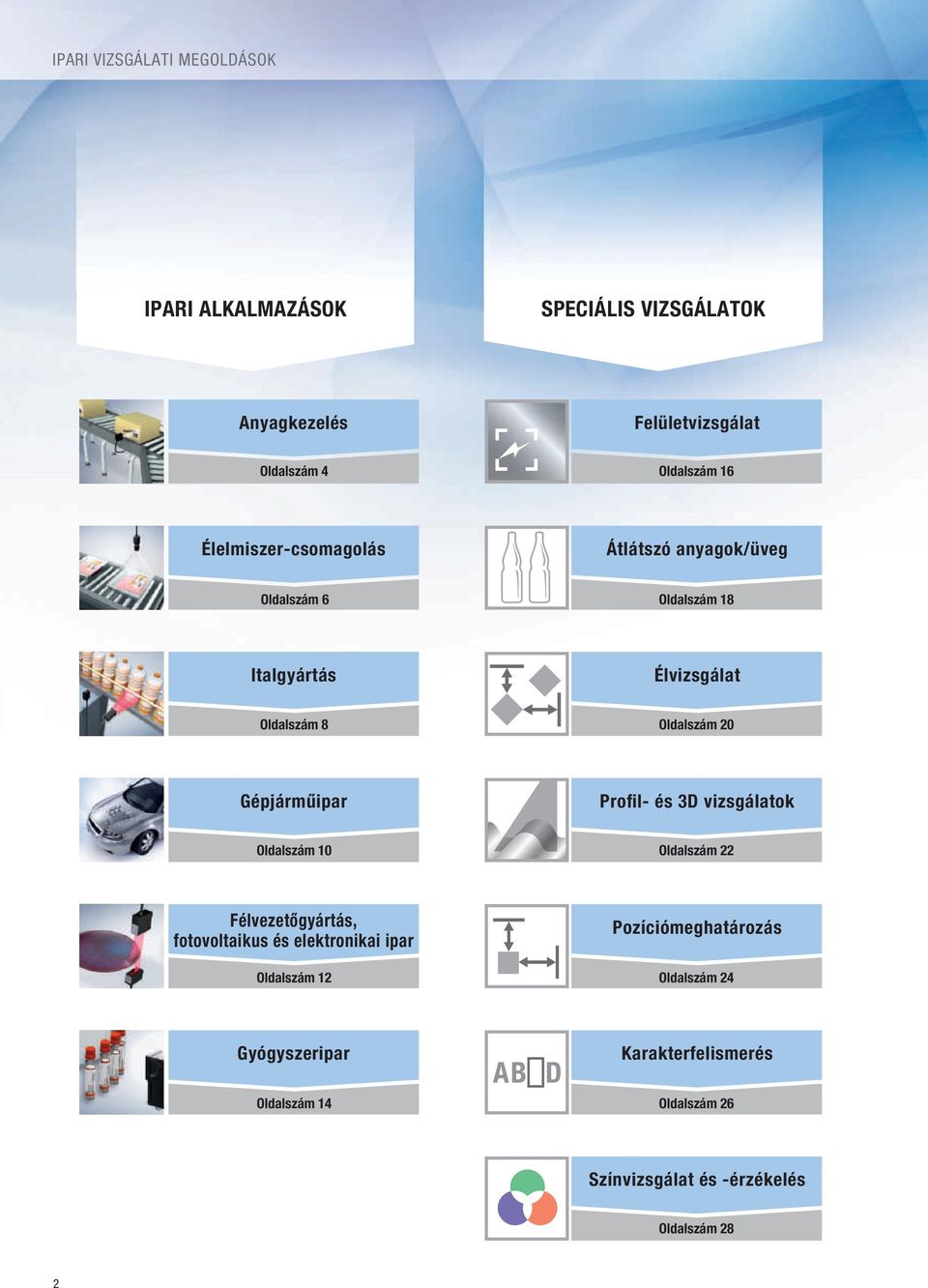 Gépjárműipar Profil- és 3D vizsgálatok Oldalszám 10 Oldalszám 22 Félvezetőgyártás, fotovoltaikus és elektronikai ipar