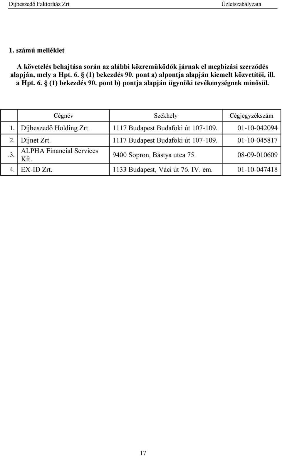 Cégnév Székhely Cégjegyzékszám 1. Díjbeszedő Holding Zrt. 1117 Budapest Budafoki út 107-109. 01-10-042094 2. Díjnet Zrt.