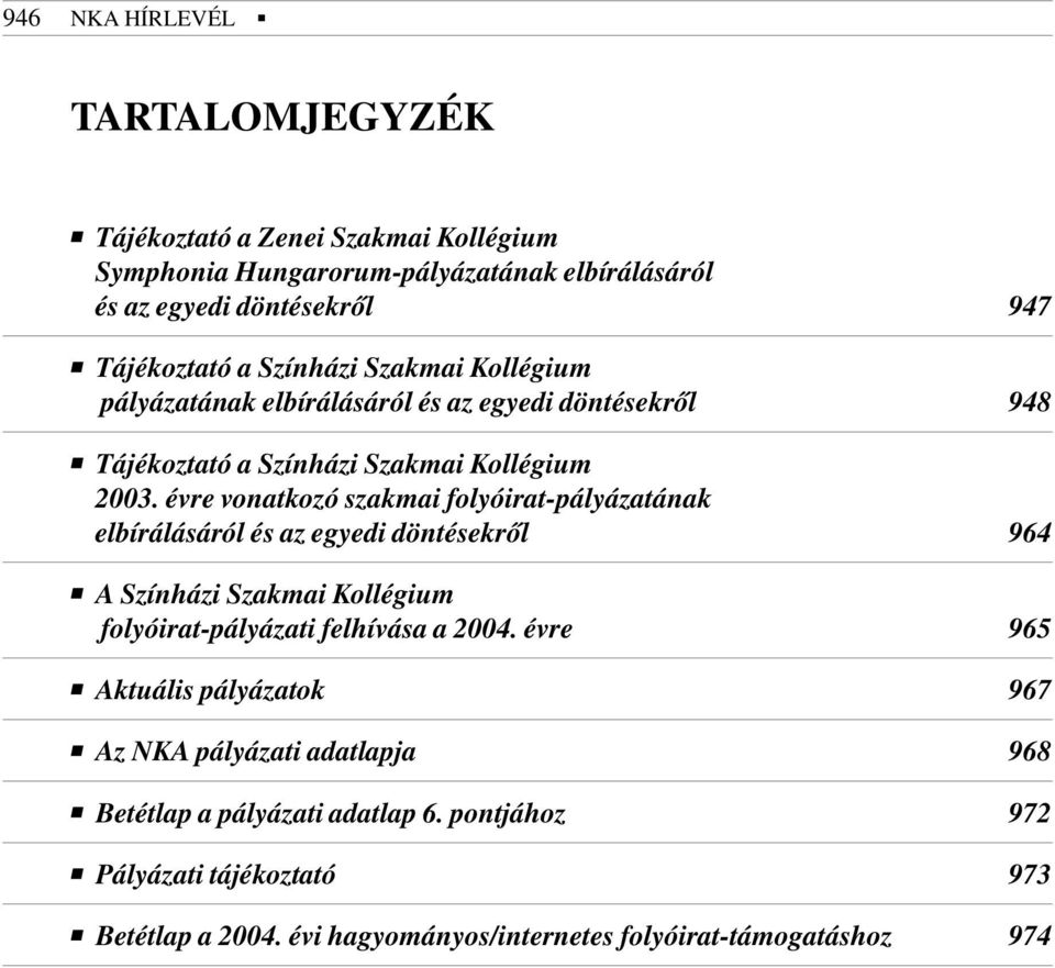 évre vonatkozó szakmai folyóirat-pályázatának elbírálásáról és az egyedi döntésekrõl 964 A Színházi Szakmai Kollégium folyóirat-pályázati felhívása a 2004.