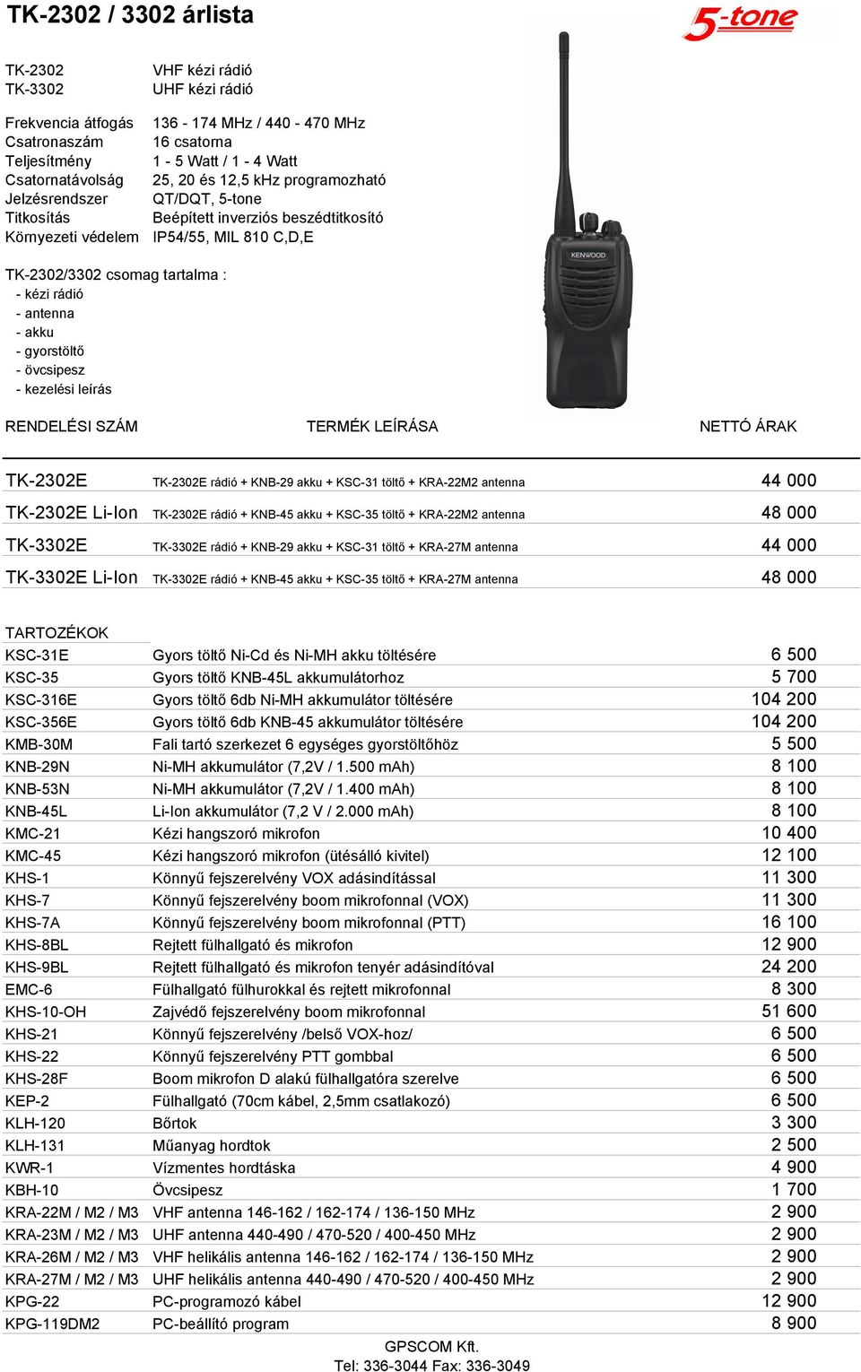 antenna 44 000 TK-2302E Li-Ion TK-2302E rádió + KNB-45 akku + KSC-35 töltő + KRA-22M2 antenna 48 000 TK-3302E TK-3302E rádió + KNB-29 akku + KSC-31 töltő + KRA-27M antenna 44 000 TK-3302E Li-Ion