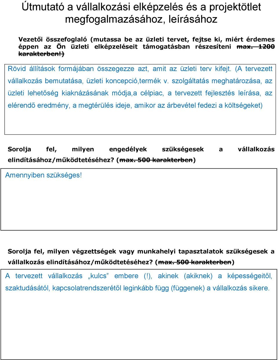 szolgáltatás meghatározása, az üzleti lehetőség kiaknázásának módja,a célpiac, a tervezett fejlesztés leírása, az elérendő eredmény, a megtérülés ideje, amikor az árbevétel fedezi a költségeket)