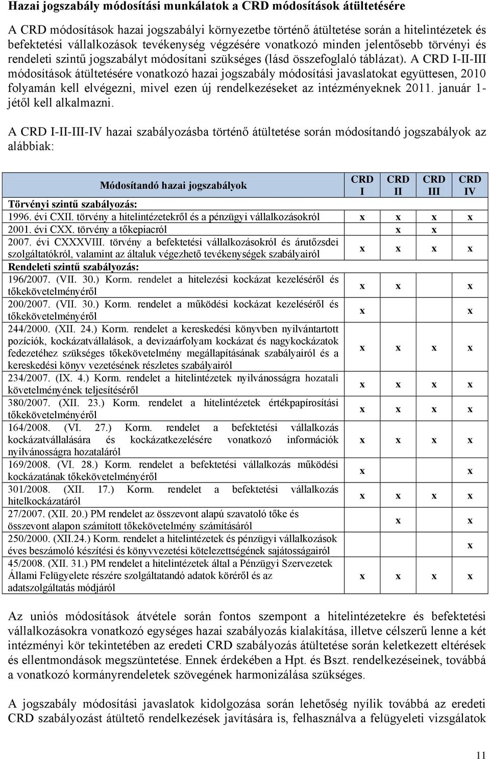 A CRD I-II-III módosítások átültetésére vonatkozó hazai jogszabály módosítási javaslatokat együttesen, 2010 folyamán kell elvégezni, mivel ezen új rendelkezéseket az intézményeknek 2011.