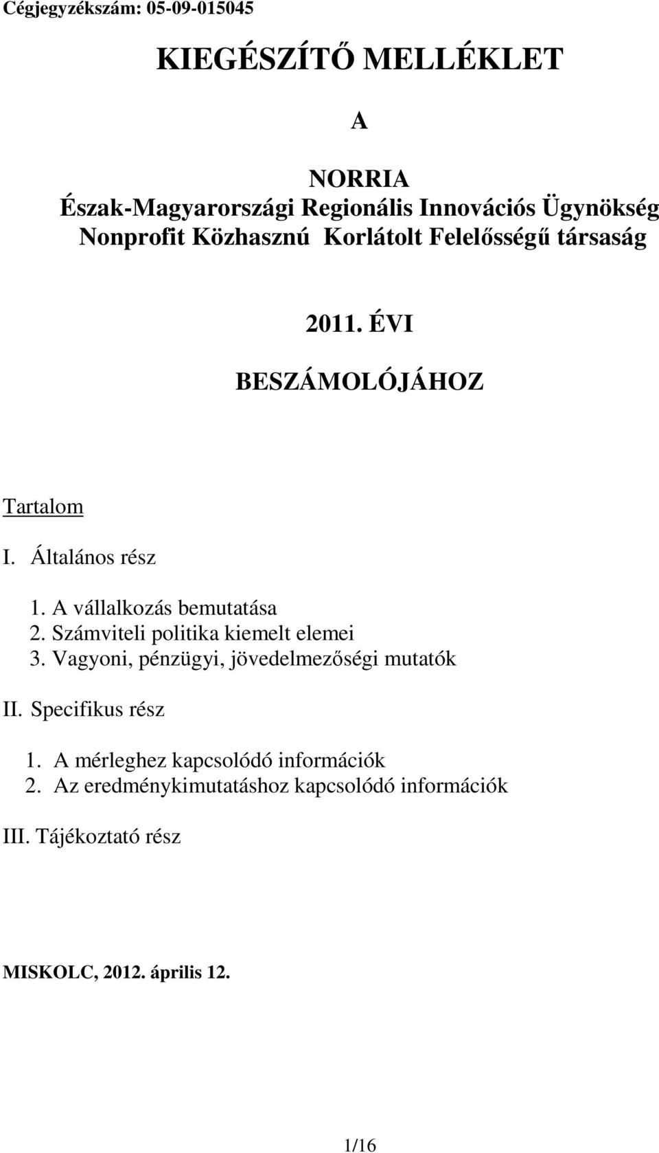 A vállalkozás bemutatása 2. Számviteli politika kiemelt elemei 3. Vagyoni, pénzügyi, jövedelmezıségi mutatók II.