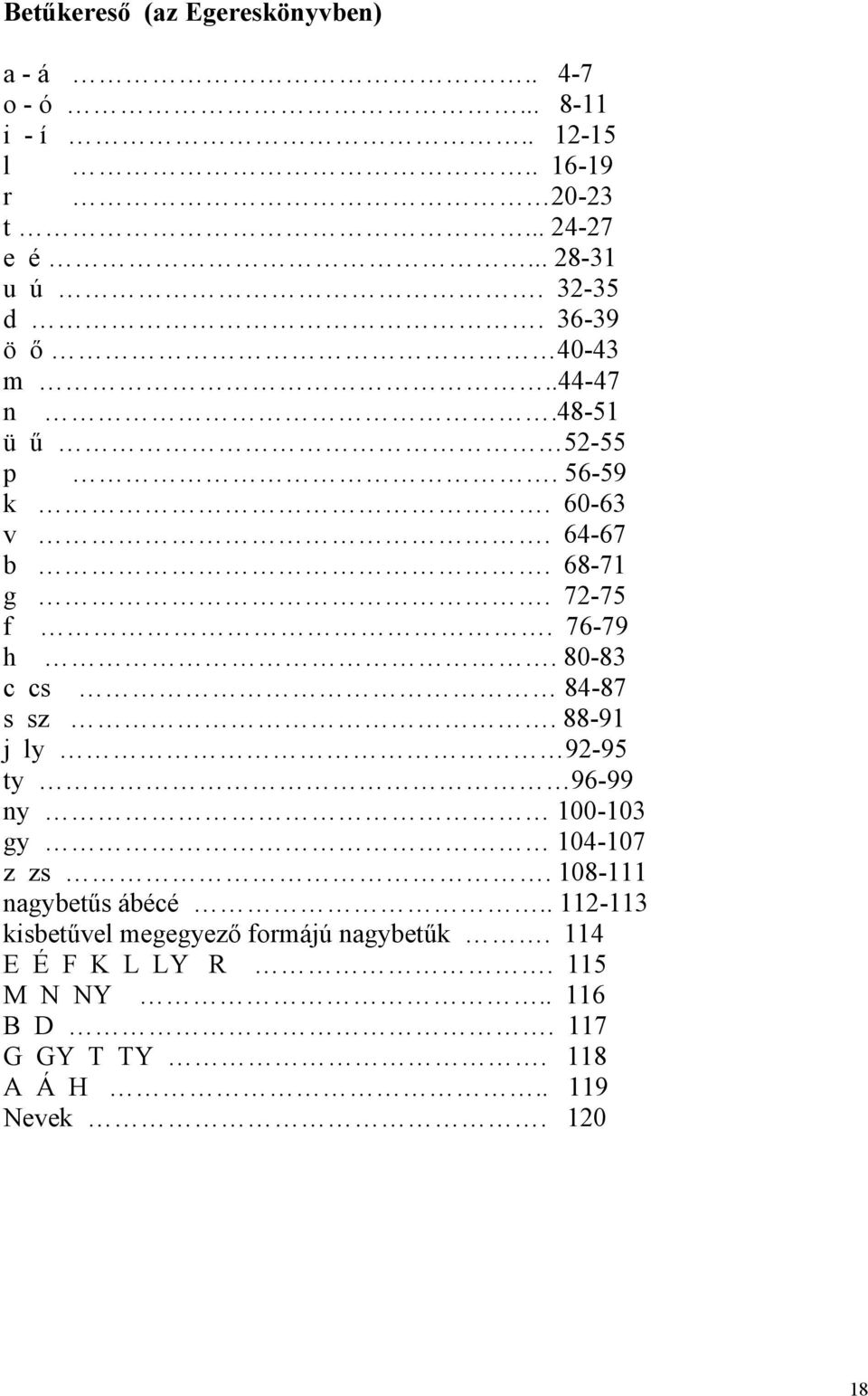 80-83 c cs 84-87 s sz. 88-91 j ly 92-95 ty 96-99 ny 100-103 gy 104-107 z zs. 108-111 nagybetűs ábécé.