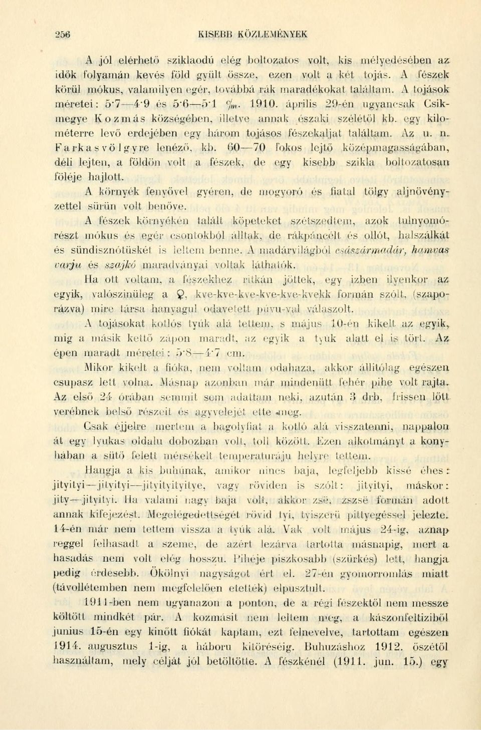 április 29-én ugyancsak Csikmegye Kozmás községében, illetve annak északi szélétől kb. egy kilométerre levő erdejében egy három tojásos fészekaljai találtam. Az u. m F a rk a s vö 1 g y re lenéző, kb.