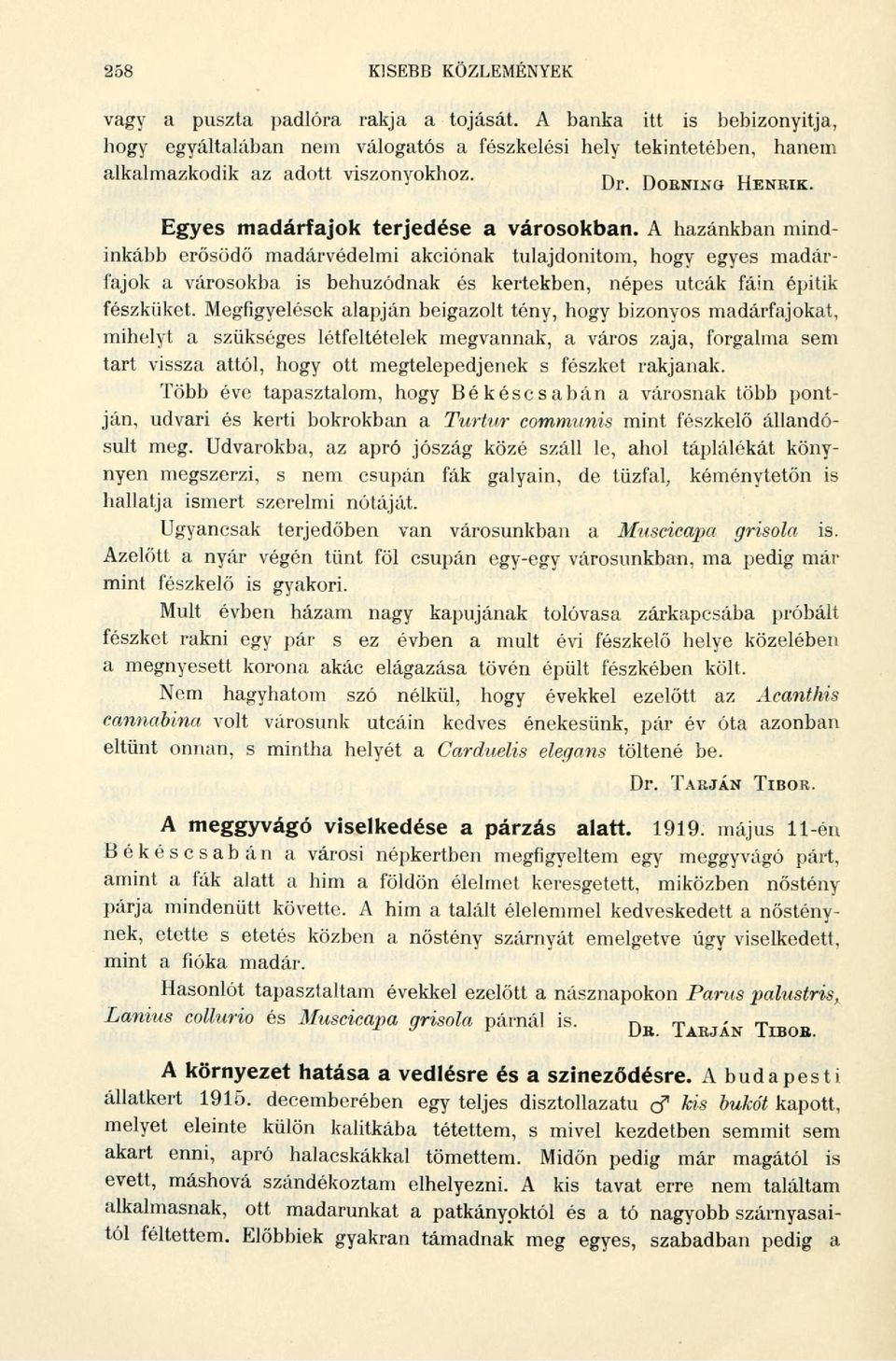 A hazánkban mindinkább erősödő madárvédelmi akciónak tulajdonítom, hogy egyes madárfajok a városokba is behúzódnak és kertekben, népes utcák fáin épitik fészküket.