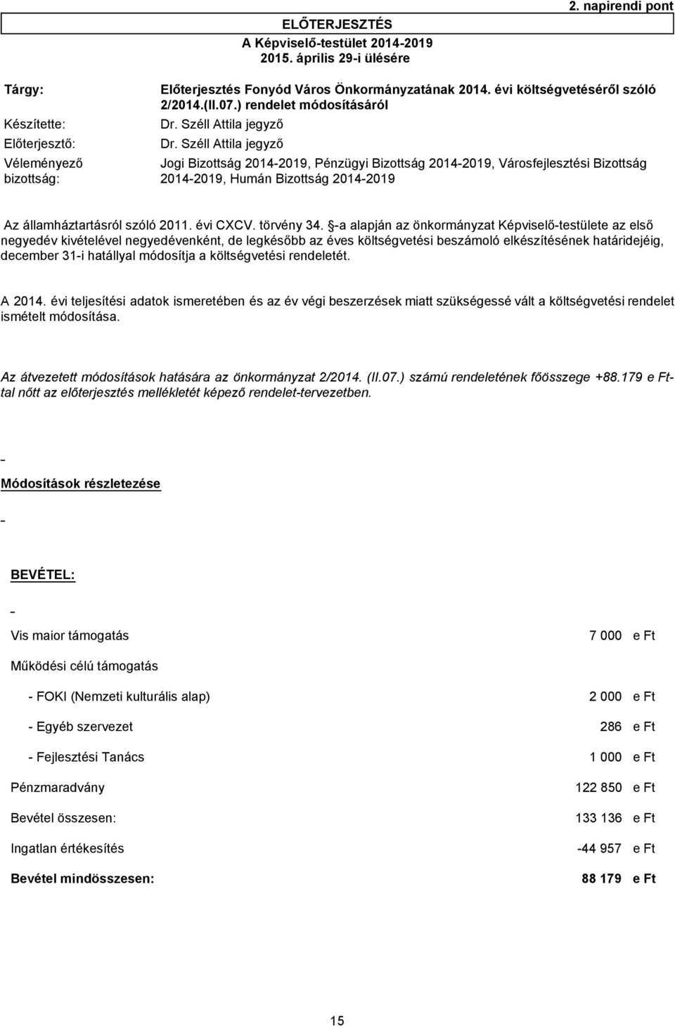 ) rendelet módosításáról Jogi Bizottság 2014-2019, Pénzügyi Bizottság 2014-2019, Városfejlesztési Bizottság 2014-2019, Humán Bizottság 2014-2019 Az államháztartásról szóló 2011. évi CXCV. törvény 34.