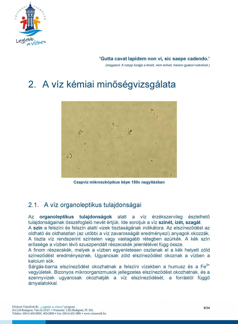 0x nagyításban 2.1. A víz organoleptikus tulajdonságai Az organoleptikus tulajdonságok alatt a víz érzékszervileg észlelhető tulajdonságainak összefoglaló nevét értjük.