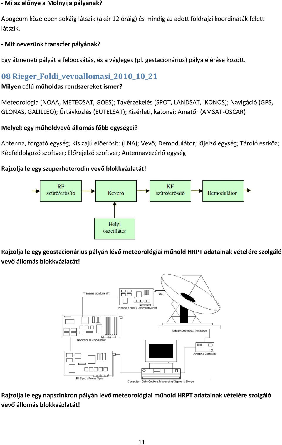 Meteorológia (NOAA, METEOSAT, GOES); Távérzékelés (SPOT, LANDSAT, IKONOS); Navigáció (GPS, GLONAS, GALILLEO); Űrtávközlés (EUTELSAT); Kísérleti, katonai; Amatőr (AMSAT-OSCAR) Melyek egy műholdvevő