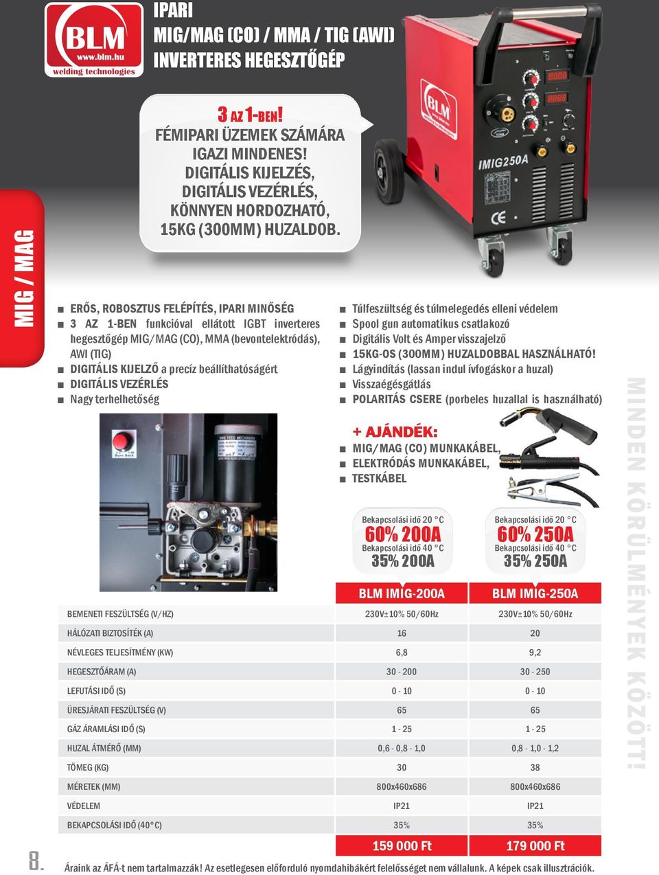 Erős, robosztus felépítés, ipari minőség 3 az 1-ben funkcióval ellátott IGBT inverteres hegesztőgép MIG/MAG (CO), MMA (bevontelektródás), AWI (TIG) Digitális kijelző a precíz beállíthatóságért