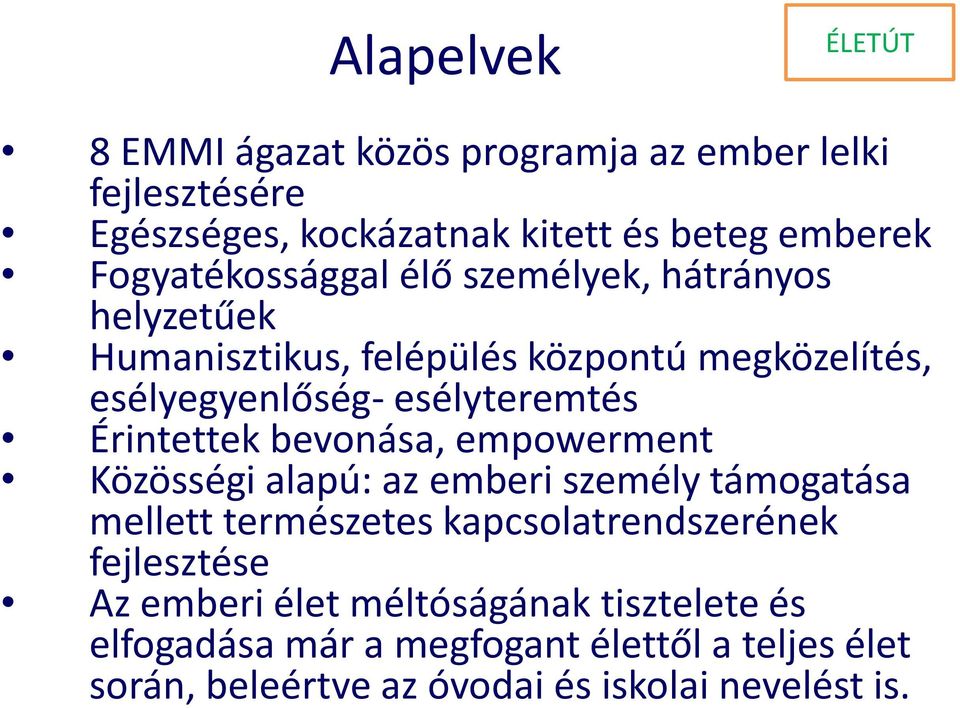 esélyteremtés Érintettek bevonása, empowerment Közösségi alapú: az emberi személy támogatása mellett természetes