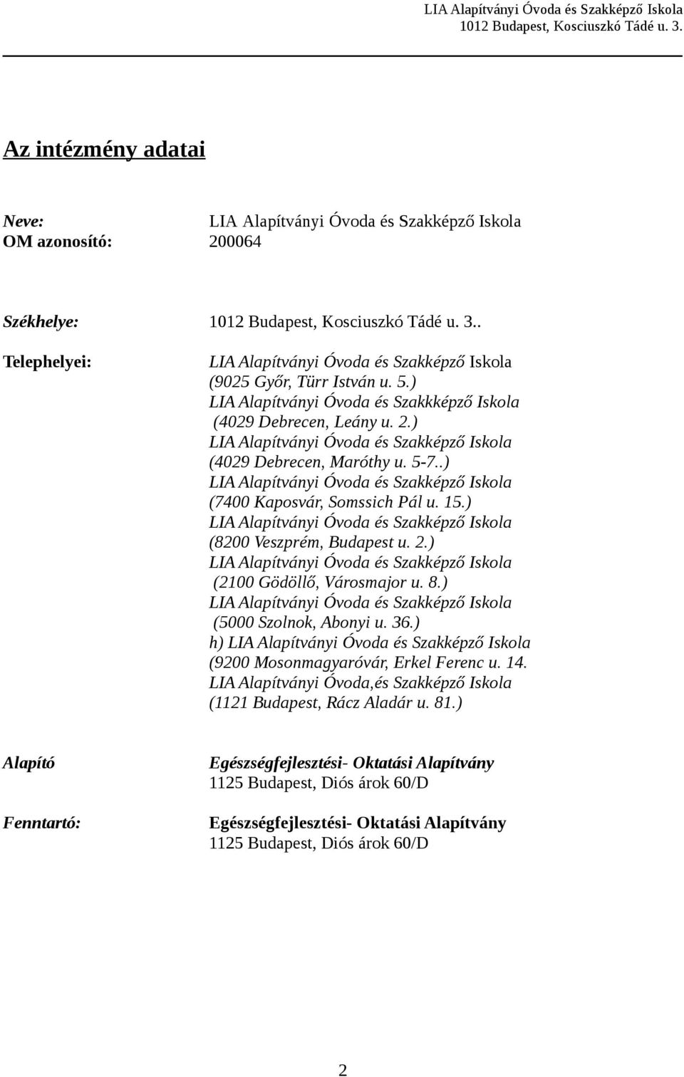 .) LIA Alapítványi Óvoda és Szakképző Iskola (7400 Kaposvár, Somssich Pál u. 15.) LIA Alapítványi Óvoda és Szakképző Iskola (8200 Veszprém, Budapest u. 2.