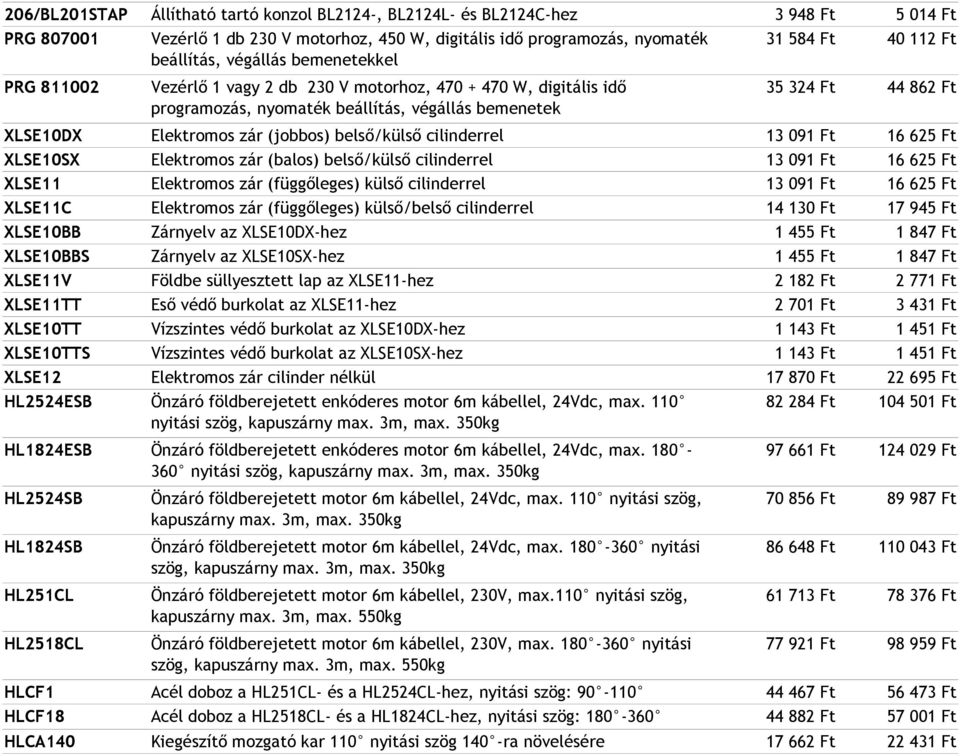 Elektromos zár (balos) belső/külső cilinderrel Elektromos zár (függőleges) külső cilinderrel Elektromos zár (függőleges) külső/belső cilinderrel Zárnyelv az XLSE10DX-hez Zárnyelv az XLSE10SX-hez