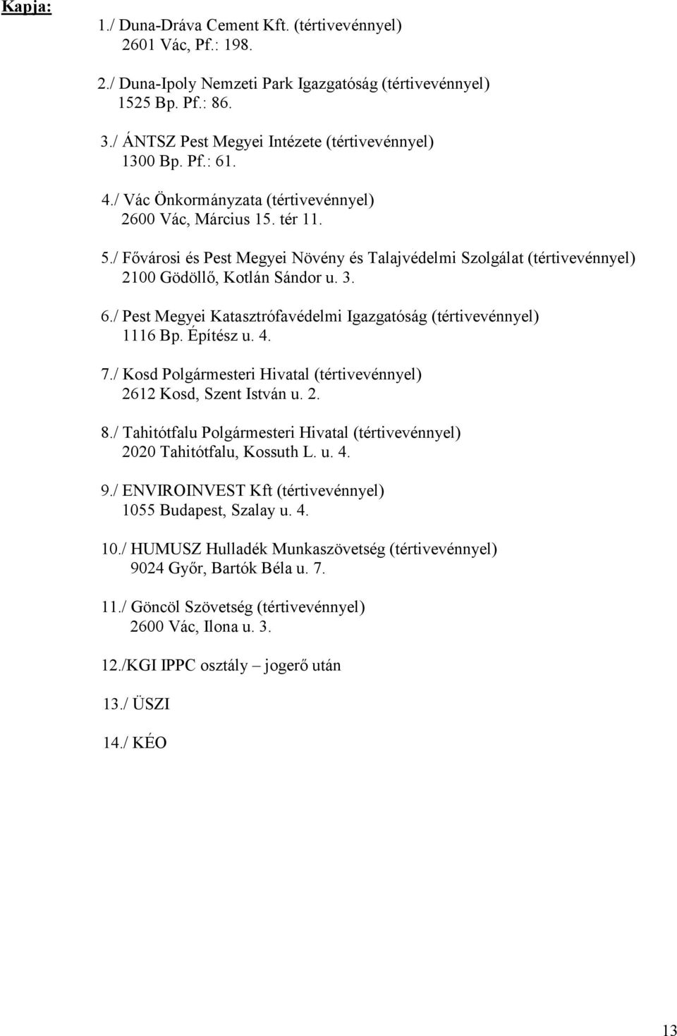 / Fővárosi és Pest Megyei Növény és Talajvédelmi Szolgálat (tértivevénnyel) 2100 Gödöllő, Kotlán Sándor u. 3. 6./ Pest Megyei Katasztrófavédelmi Igazgatóság (tértivevénnyel) 1116 Bp. Építész u. 4. 7.