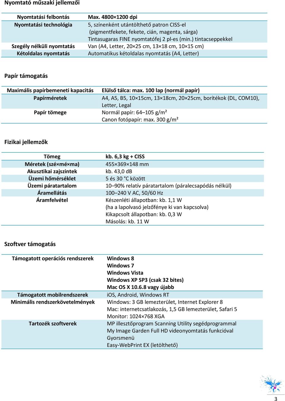 ) tintacseppekkel Van (A4, Letter, 20 25 cm, 13 18 cm, 10 15 cm) Autmatikus kétldalas nymtatás (A4, Letter) Papír támgatás Maximális papírbemeneti kapacitás Elülső tálca: max.