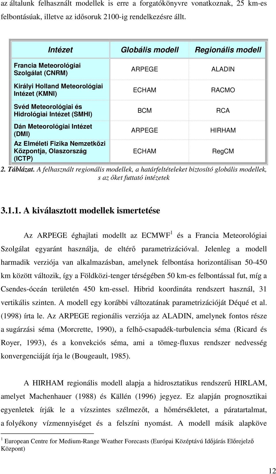 RACMO RCA Dán Meteorológiai Intézet (DMI) Az Elméleti Fizika Nemzetközi Központja, Olaszország (ICTP) ARPEGE ECHAM HIRHAM RegCM 2. Táblázat.