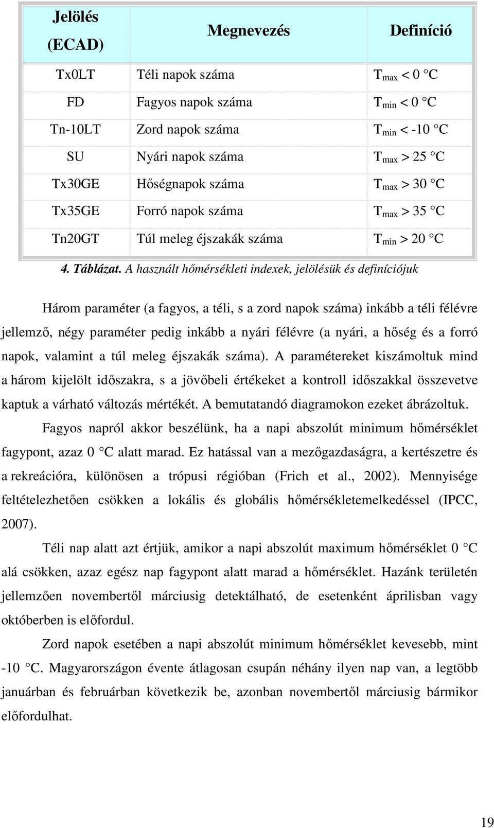 A használt hőmérsékleti indexek, jelölésük és definíciójuk Három paraméter (a fagyos, a téli, s a zord napok száma) inkább a téli félévre jellemző, négy paraméter pedig inkább a nyári félévre (a