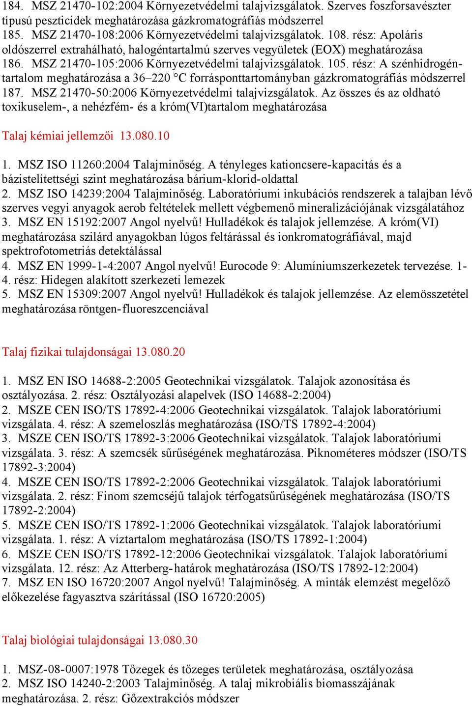 rész: A szénhidrogéntartalom a 36 220 C forrásponttartományban gázkromatográfiás módszerrel 187. MSZ 21470-50:2006 Környezetvédelmi talajvizsgálatok.