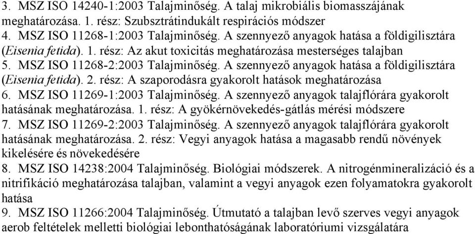 A szennyező anyagok hatása a földigilisztára (Eisenia fetida). 2. rész: A szaporodásra gyakorolt hatások 6. MSZ ISO 11269-1:2003 Talajminőség. A szennyező anyagok talajflórára gyakorolt hatásának. 1. rész: A gyökérnövekedés-gátlás mérési módszere 7.