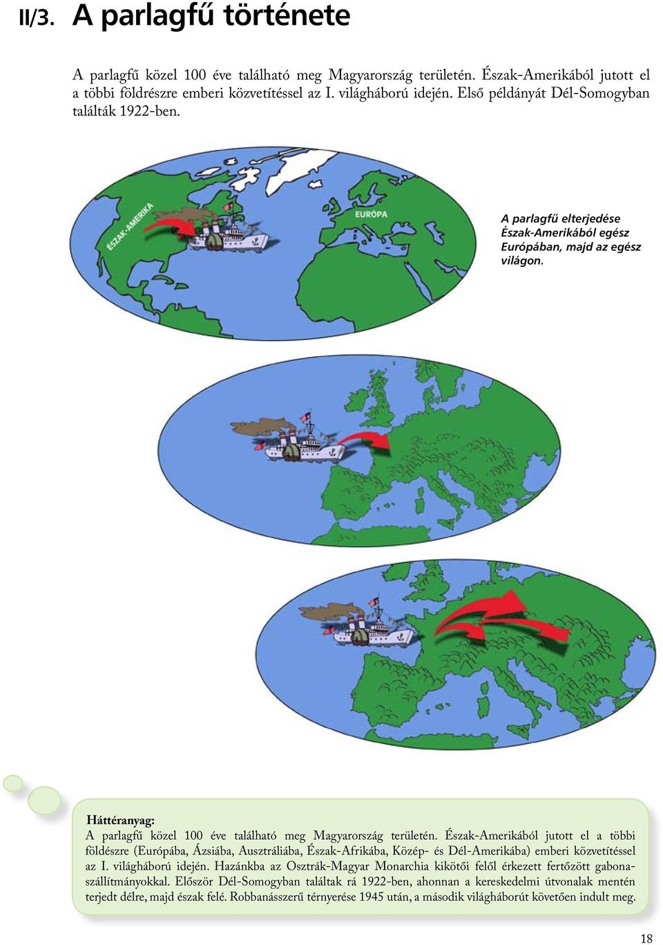 Észak-Amerikából jutott el a többi földészre (Európába, Ázsiába, Ausztráliába, Észak-Afrikába, Közép- és Dél-Amerikába) emberi közvetítéssel az I. világháború idején.